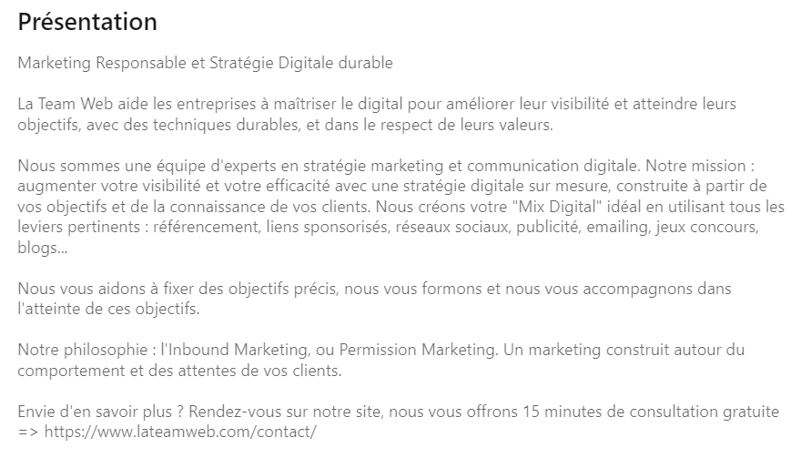 Texte de présentation la Team Web sur LinkedIn