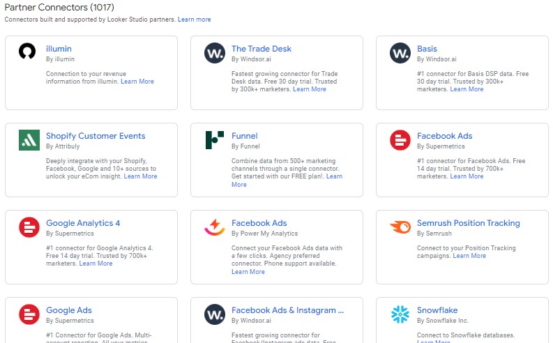 Partenaires Looker studio et connexions aux sources externes à l'écosystème Google
